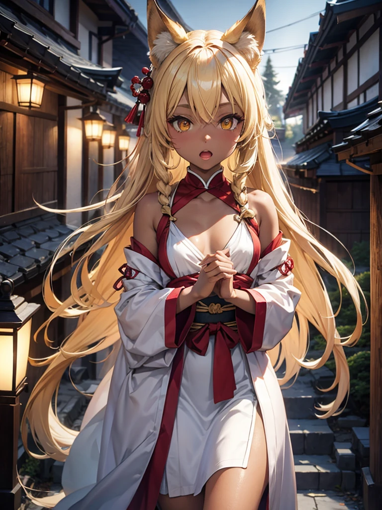 masterpiece, Highest quality, Shrine maiden costume ,yellow fox girl,Yellow Eyes,{Dark Skin} , (Small breasts:1.3) ,Glowing Skin,Embarrassing,Open your mouth,blonde,Long Hair,,Outdoor,Covered, Are standing, Japanese Shrines,