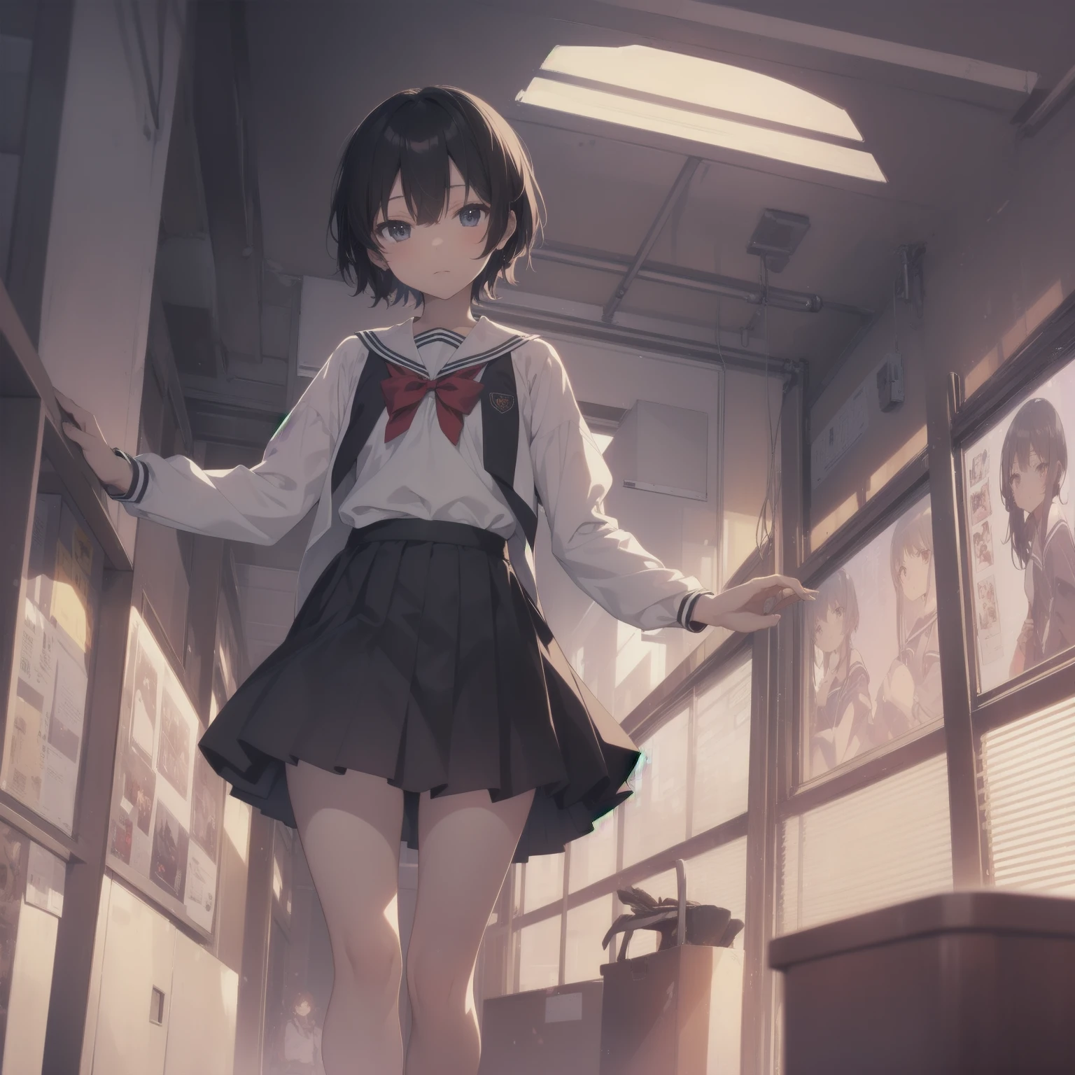 ultra-absurdres-Top quality by artist God, ultra-detailed, high resolution, anime moe artstyle, best anime 8k konachan wallpaper, pixiv contest winner, pool:2810, perfect anatomy,break, 1girl, (Please draw a girl walking sleepily to school alone. )break,(Solo,little female, 13-year-old:1.3),Full limbs, complete fingers,a junior high school student, (very short hair), short cut, flat chest, , small butt, small black eyes, beautiful detailed eyes, well-proportioned iris and pupils, expressive eyes, highres detailed hair, soft expression, salor school_uniform, sailor collar, serahuku, bow, pleated skirt,(Detailed Lighting), (Detailed background), in the School commute route. break,super detailed skin, Best cinematic lighting powered by famous artist, 8k,beauty illustration,photoshop_(medium),very aesthetic,break,((artist:yd_(orange_maru) )), artist:clamp ,artist:carnelian ,artist:kantoku ,