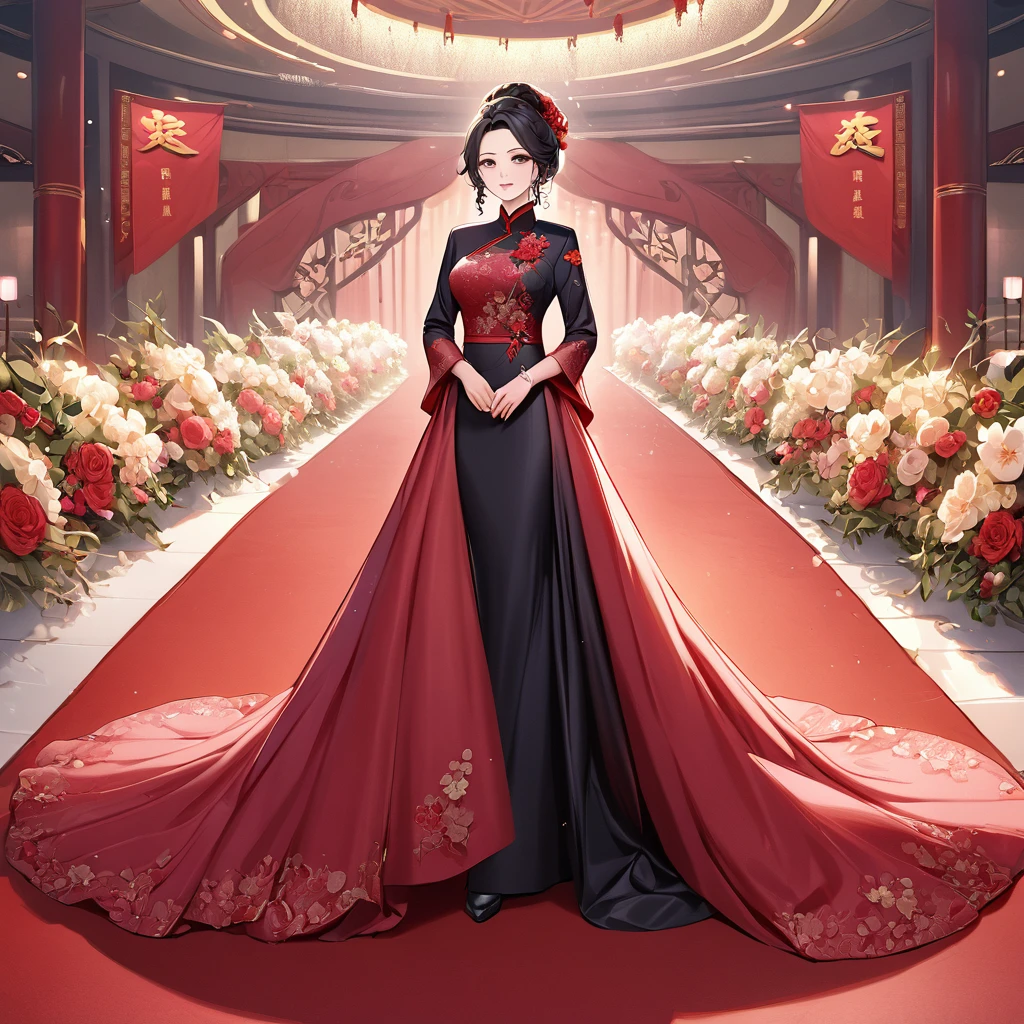 ((Highest quality)), ((masterpiece)), (detailed), (Perfect Face)、The woman is a Chinese woman named Kocho Shinobu.。, Purple gradient bob black hair and formal evening hairstyles. She is wearing an engagement ring. She is a prominent member of the Chinese Communist Party.、She is the wife of a great old Communist Party official.、The woman is beautifully dressed in a gorgeous red wedding dress typical of the Chinese Communist Party, and she loves her husband dearly and is happy to be his wife.、She was photographed alone at a wedding venue on a red carpet aisle.、The woman is the most gorgeous, most dazzling, and most beautiful Chinese woman, perfectly suited to being a bride.