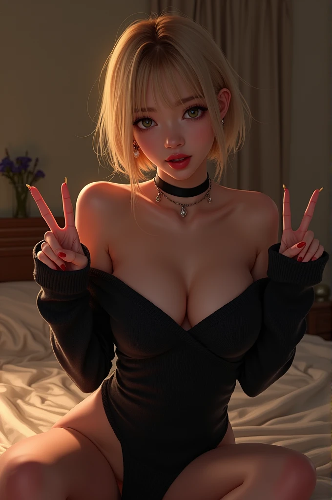 1 girl、alone、masterpiece,Highest quality,High resolution,Very detailed, skinny,Black choker,Earrings,Big cleavage、Off-the-shoulder tight sweater dress, (( Peace sign with both hands)), (Blowjob Gestures:1.5), (((Open your mouth))), Heavy breathing , (Ahegao Hentai), Blonde pixie short hair、 Accurate 5-finger、Accurate human body、Perfect human body、((Captivating smile ))、 Boyfriend&#39;s Room、Men&#39;s Room、Lights out room at night、indoor、High  Boy's Room、Detailed Background、