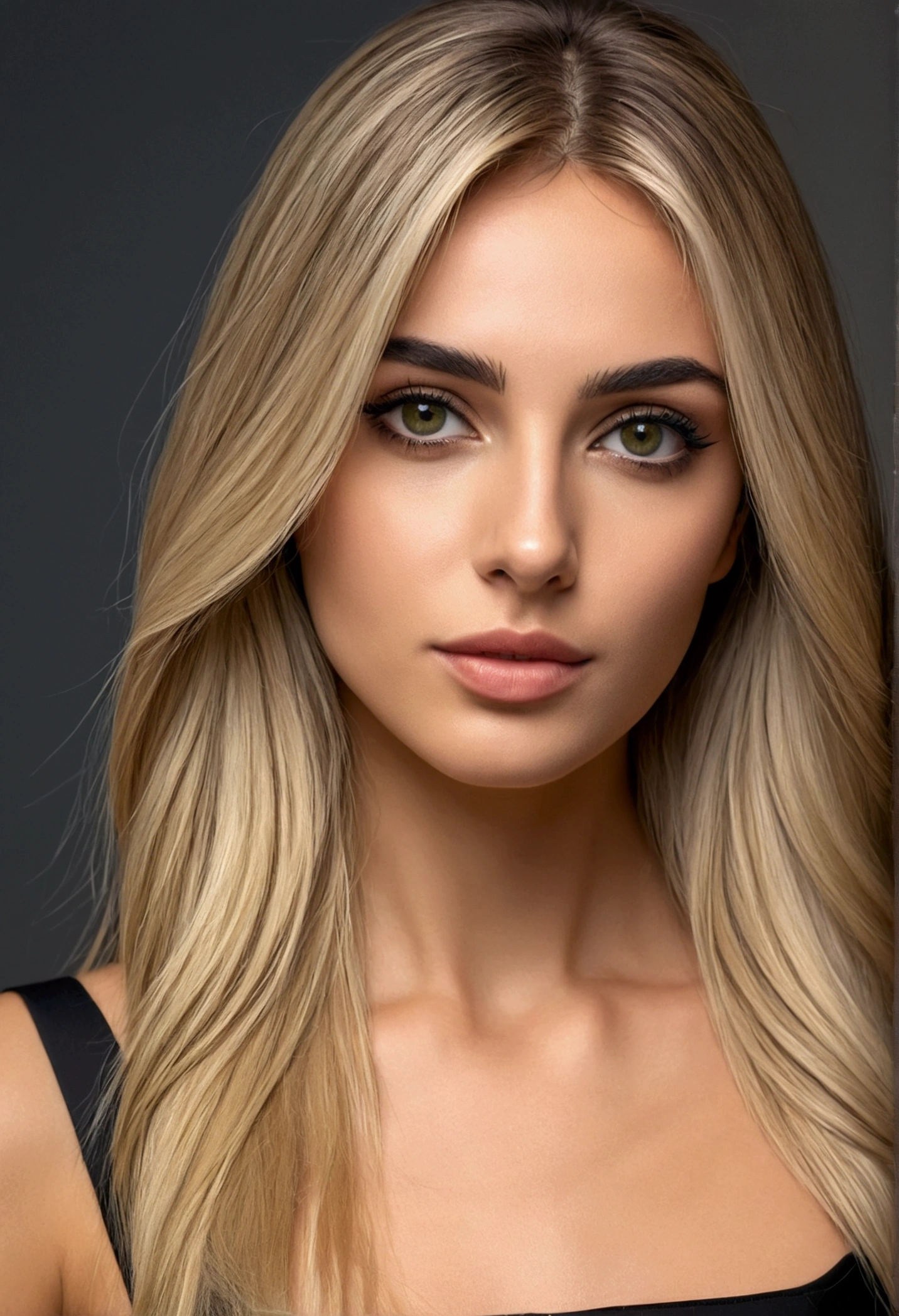 A realistic photo of beautiful italian woman wear a black short dress ,light makeup, long straight blonde hair, high quality photo 4k, very detailed, perfect fit, looking at the camera, detailed face, detailed eyes, olive skin