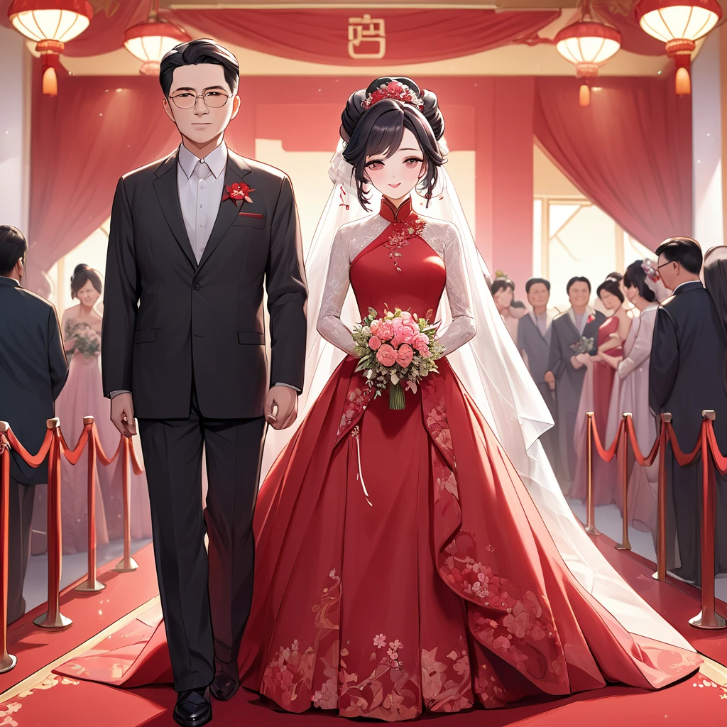 ((Highest quality)), ((masterpiece)), (detailed), (Perfect Face)、The woman is a Chinese woman named Kocho Shinobu.。, Purple gradient bob black hair and formal evening hairstyles. She is wearing an engagement ring. She is a prominent member of the Chinese Communist Party.、She is the wife of a great old Communist Party official.、The woman is beautifully dressed in a gorgeous red wedding dress typical of the Chinese Communist Party, and she loves her husband dearly and is happy to be his wife.、She was photographed alone at a wedding venue on a red carpet aisle.、The woman is the most gorgeous, most dazzling, most beautiful Chinese woman, and has been perfected as the best bride.