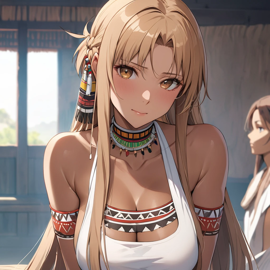 ((Highest quality)), ((masterpiece)), (detailed), （Perfect Face）、The woman is Asuna, a woman with medium-long light brown hair, a native African tribeswoman, and looks just like a typical tribal woman.