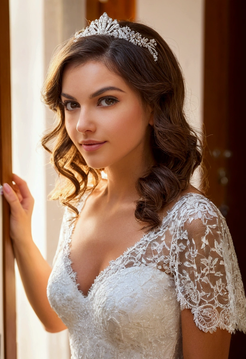 jeune femme de 25 ans, brune aux yeux bleus, mariage, robe de mariée blanche en dentelle, seins apparents