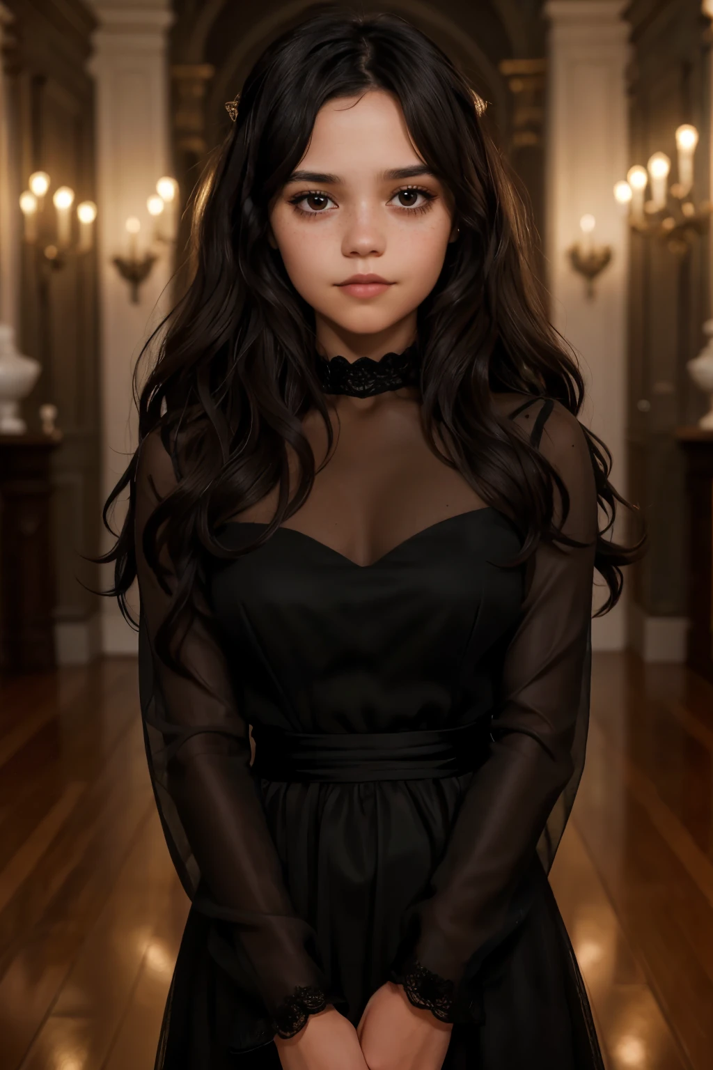 ((best quality)), ((masterpiece)), (detailed), beautiful  girl, perfect face, calm expression, soft expression, not fully smiling, (dark brown eyes), (black eyes), photorealistic, detailed long hair, perfect lighting, (young), delicate, gentle, feminine, [she is wearing a beautiful black, silver, and green color ball gown], she is beautiful, she is calm, photorealistic image, long black hair, dark brown sheen, clear brown eyes, clear black eyes, light freckles across her cheeks, long wavy hair, long curly hair, dark black eyeshadow, dark black lipstick, floor length image