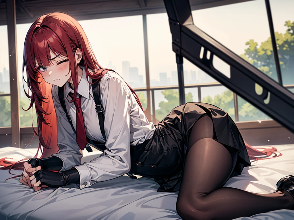 {{lying down on one's side}},{Lying on the bed},,,{{Resting with an aching body} {{lie down:1.6}},{{masterpiece}}, {{{Highest quality}}},{{Very detailed}}, {{figure}},{{tall}},{{Adult female}},,{{}},{1girl},{{Long sleeve mini skirt uniform}}},}}{}},{{Pain,}},{}, ,{{white blouse}},{}},,{{blushing with anger}},{{one eye closed,}},,{{Grit your teeth,suffering,v-shaped eyebrows.,Sweat dripping,raise one's eyebrows,}},{{}},,Slender body}}{{suffer}}{{Female police officer}},,,,suspenders ,Long sleeve mini skirt uniform, ,Black fingerless gloves, Long Red Hair, Red tie,Straight hair ,Blunt bangs,Thigh holster,.loafer,,blush,Wrinkles ,amount,Medium chest ,get annoyed,,Slums,,Twisting,