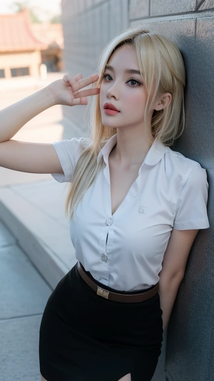 Pretty thai woman blonde hair , (8k, best quality, masterpiece, ultra highres:1.2) Photo of Pretty thai woman beautiful, beautiful enchanting fashion contemporary painting with  , (1girl), (white shirt short sleeves), ((black pencil skirt)), belt, ((hand down)), blonde hair , short hair, , realistic skin texture, looks up, (nudity), round chin, 85 mm art lens, f 1. 2, sharp focus, 8 k high definition, insanely detailed, intricate, elegant, large breasts,big breasts ,  black skirt