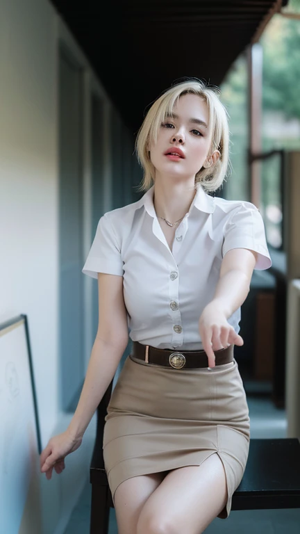Pretty thai woman blonde hair , (8k, best quality, masterpiece, ultra highres:1.2) Photo of Pretty thai woman beautiful, beautiful enchanting fashion contemporary painting with , (1girl), (white shirt short sleeves), ((black pencil skirt)), belt, ((hand down)), blonde hair , short hair, , realistic skin texture, looks up, (nudity), round chin, 85 mm art lens, f 1. 2, sharp focus, 8 k high definition, insanely detailed, intricate, elegant, large breasts,big breasts , black skirt