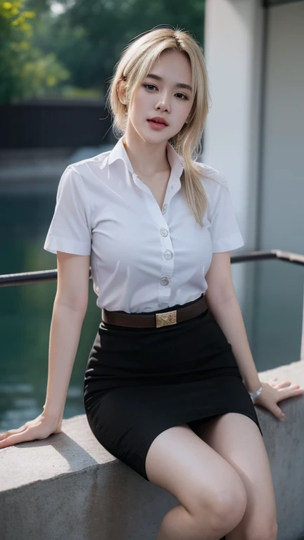 Pretty thai woman blonde hair , (8k, best quality, masterpiece, ultra highres:1.2) Photo of Pretty thai woman beautiful, beautiful enchanting fashion contemporary painting with , (1girl), (white shirt short sleeves), ((black pencil skirt)), belt, ((hand down)), blonde hair , short hair, , realistic skin texture, looks up, (nudity), round chin, 85 mm art lens, f 1. 2, sharp focus, 8 k high definition, insanely detailed, intricate, elegant, large breasts,big breasts , black skirt