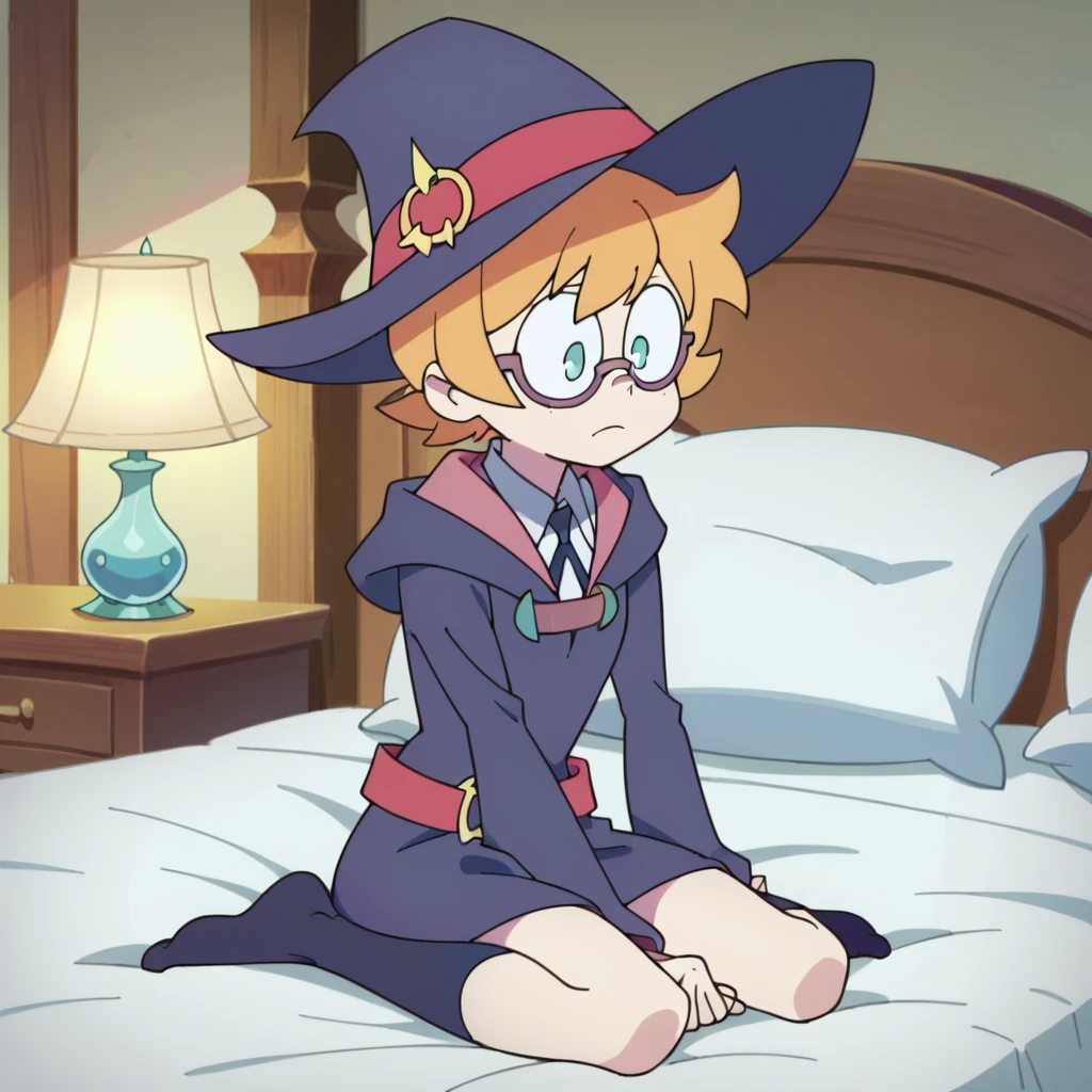 score_8_up, score_7_up, anime screencap, perfection, Lotte Jansson, 1 girl, solo, full body, sitting on bed, witch academia uniform, witch hat, glasses, white, socks,