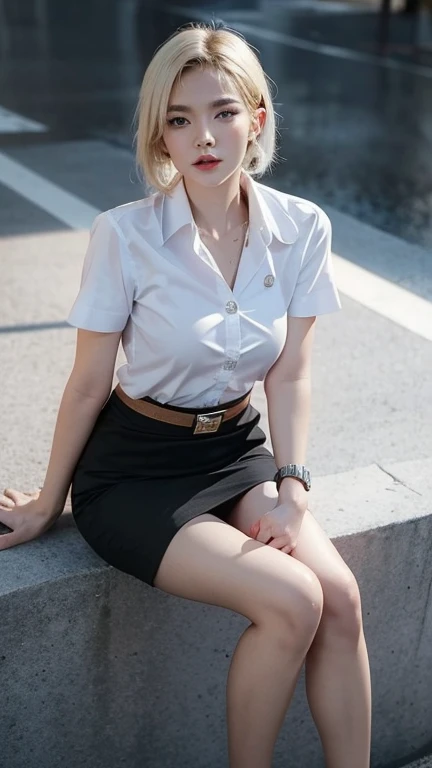Pretty thai woman blonde hair , (8k, best quality, masterpiece, ultra highres:1.2) Photo of Pretty thai woman beautiful, beautiful enchanting fashion contemporary painting with , (1girl), (white shirt short sleeves), ((black pencil skirt)), belt, ((hand down)), blonde hair , short hair, , realistic skin texture, looks up, (nudity), round chin, 85 mm art lens, f 1. 2, sharp focus, 8 k high definition, insanely detailed, intricate, elegant, large breasts,big breasts , black skirt