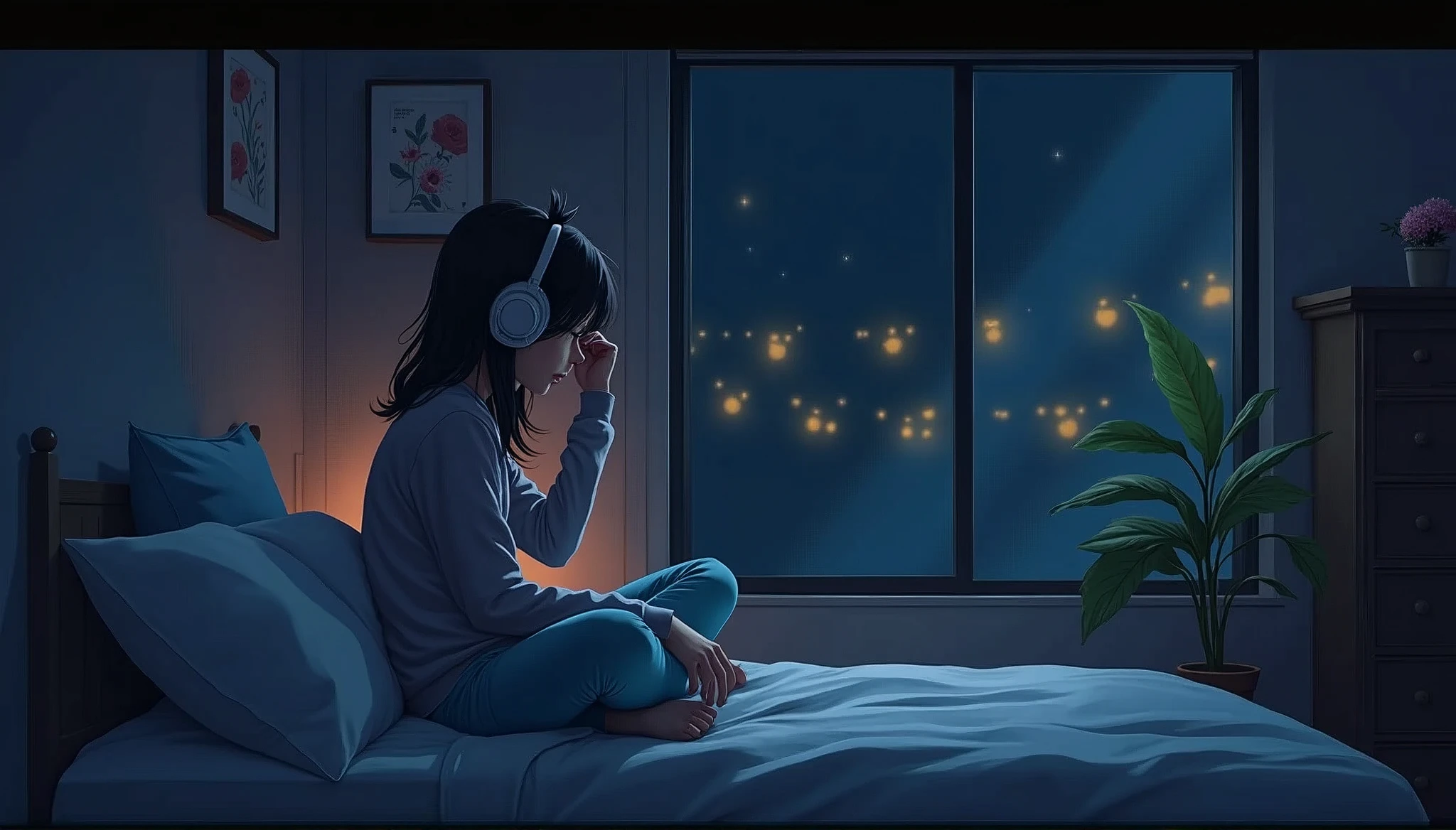 Girl listening to music in cozy room at night, Use headphones, 2D style animation, Low Fidelity, HD, Dark environment