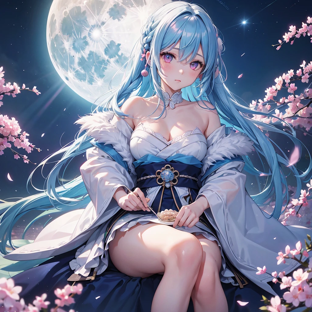 Sky blue hair, (1 braided hair), (Pink eyes),Fair skin) ,(whole body),(One Girl),(White sweet dumplings ),Japanese pampas grass,(beautiful, Full moon shining in the night sky),(masterpiece, Highest quality, Very detailed, Best Shadow), (Detailed Background), (Beautifully detailed face), High Contrast, (Best lighting, Very delicate and beautiful), ((Cinematic Light)), Hyper Detail,8k, Dramatic Light, Intricate details,Sit down and eat dumplings,