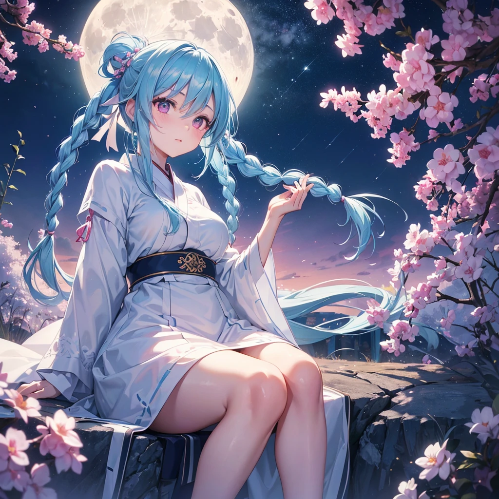 Sky blue hair, (1 braided hair), (Pink eyes),Fair skin)  ,(whole body),(One Girl),(White sweet dumplings ),Japanese pampas grass,(beautiful, Full moon shining in the night sky),(masterpiece, Highest quality, Very detailed, Best Shadow), (Detailed Background), (Beautifully detailed face), High Contrast, (Best lighting, Very delicate and beautiful), ((Cinematic Light)), Hyper Detail,8k, Dramatic Light, Intricate details,Sit down and eat dumplings,