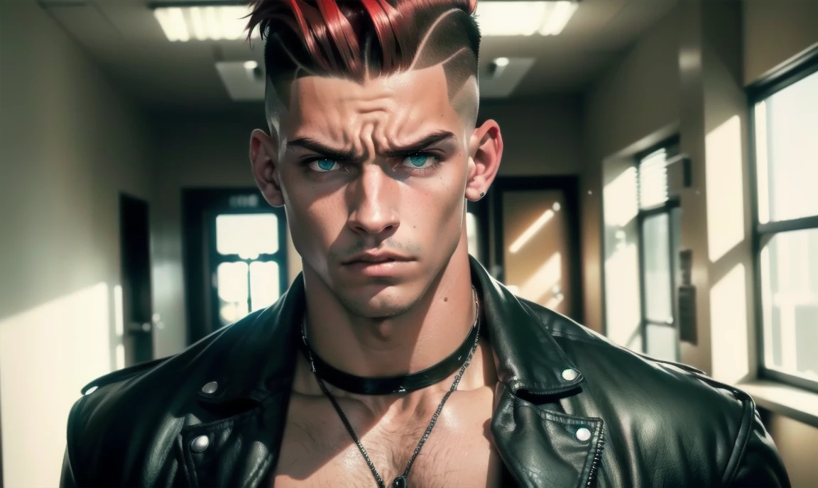 "((highly detailed, detailed eyes, detailed face, clear and realistic facial features, photorealistic, realistic light; cinematic)), (1 man), ((((school hallway background)))), (((gorgeous athletic punk tough bully male))), ((18-year-old teenage male)), ((((glaring expression)))), ((intimidating mood)), ((blue-green eyes)), ((short black hair with a undercut)), (((dressed in black and leather))), ((red tint in hair))."