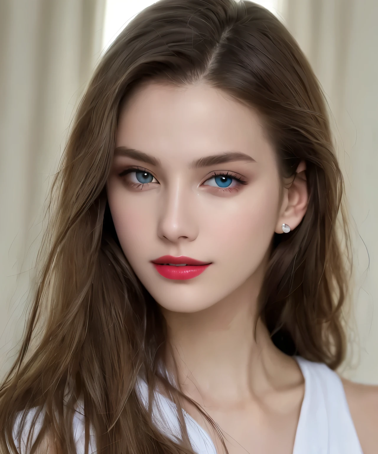 Fashion model 25 years old, [enlargement]]]], [[chest]]]], [neck]]]], [shoulder]]]], perfect eyes, perfect iris, perfect lips, perfect teeth, perfect skin, soft front lighting, glow, HDR, (muted colors: 1.2)