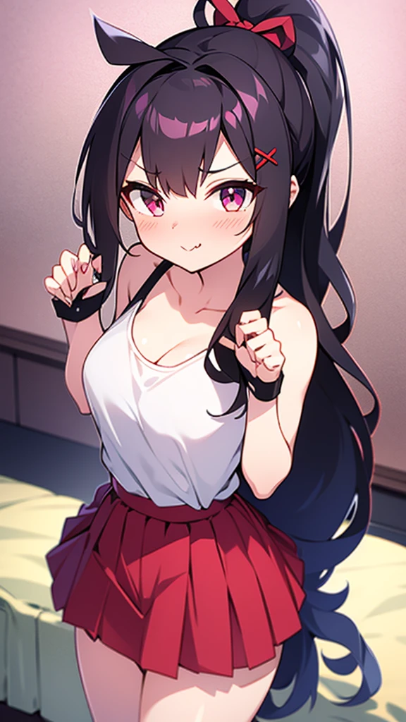 High tail hairstyle, two ponitalls, Ponytail hairstyle, Long wavy black hair, standing posing, anime girl style, pixel art anime style,penetrating look with deep eyes,red and purple eyes, hair with a ponytail hairstyle trapped with a big red bun, women, red hair clips, x color shaped hair clips , smiling face blush, next to his bed, Skirt, tank top, Black hair, big thighs, NSFW, Skirt fluttering in the wind, perfect panty, from above, viento levantando su Skirt haciendo que se le vea el panty, hands in fist , Skirt fluttering in the wind, Skirt levantada, 