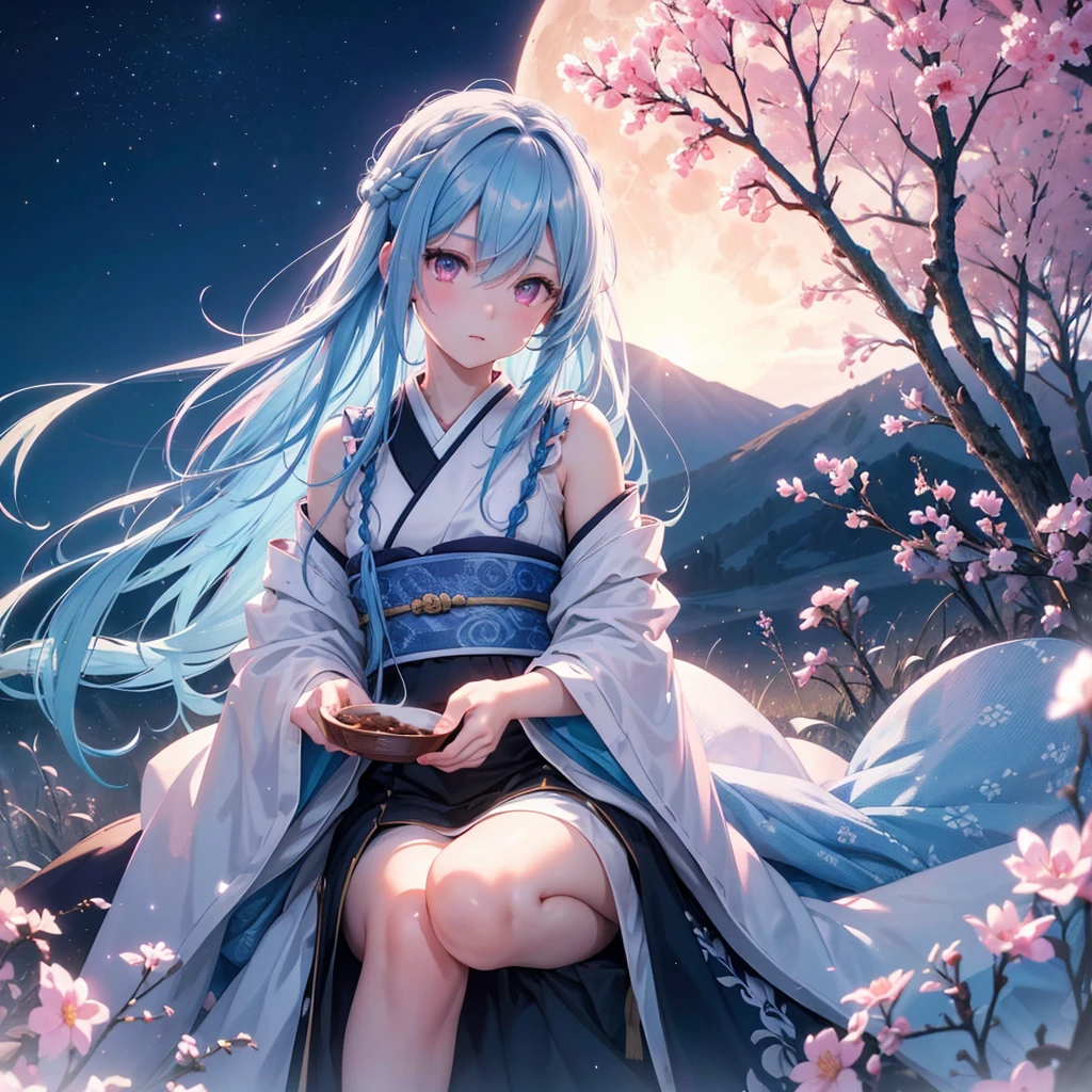 Sky blue hair, (1 braided hair), (Pink eyes),Fair skin)  ,(whole body),(One Girl),(White sweet dumplings ),Japanese pampas grass,(beautiful, Full moon shining in the night sky),(masterpiece, Highest quality, Very detailed, Best Shadow), (Detailed Background), (Beautifully detailed face), High Contrast, (Best lighting, Very delicate and beautiful), ((Cinematic Light)), Hyper Detail,8k, Dramatic Light, Intricate details,Sit down and eat dumplings,