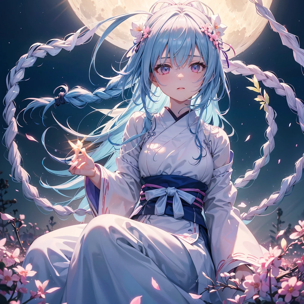 Sky blue hair, (1 braided hair), (Pink eyes),Fair skin) ,(whole body),(One Girl),(White sweet dumplings ),Japanese pampas grass,(beautiful, Full moon shining in the night sky),(masterpiece, Highest quality, Very detailed, Best Shadow), (Detailed Background), (Beautifully detailed face), High Contrast, (Best lighting, Very delicate and beautiful), ((Cinematic Light)), Hyper Detail,8k, Dramatic Light, Intricate details,Sit down and eat dumplings,