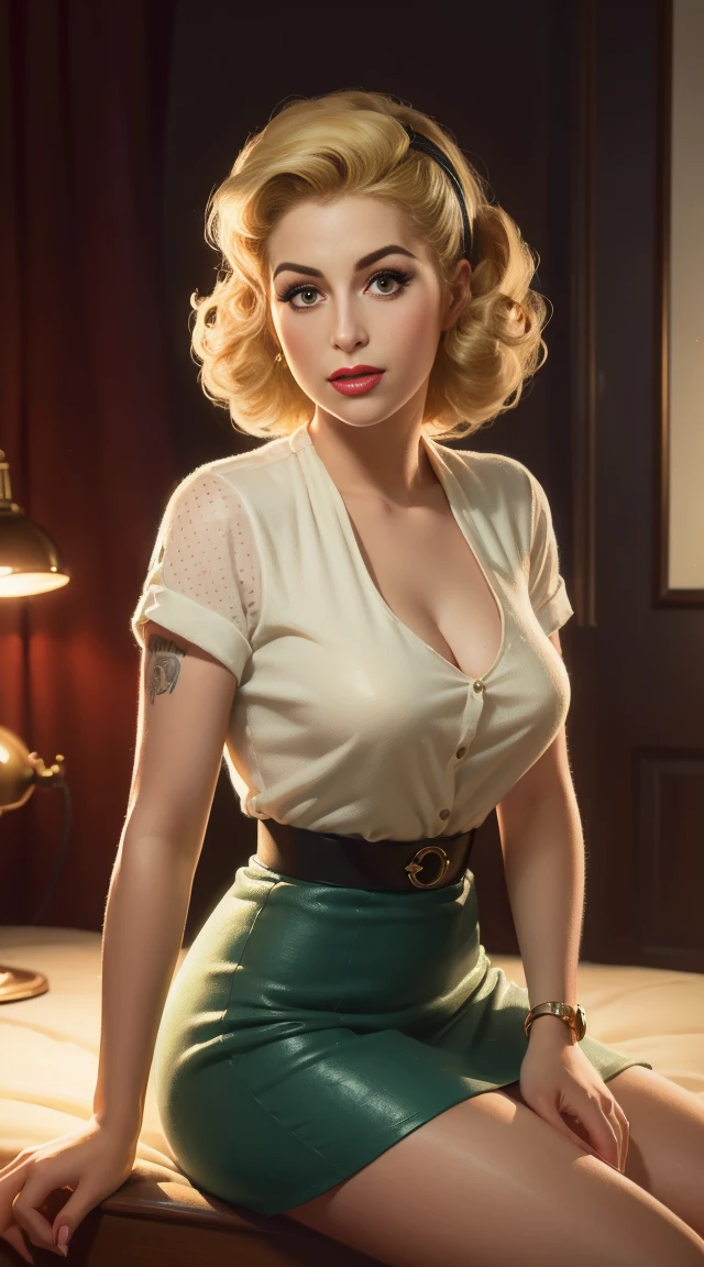 (work of art:1.4), (best qualityer:1.4), retro vintage pin-up style, extremely detailded, intrikate, hyper-detailded, illustration, soft lighting, Amy Winehouse 20 year old pin-up, Retro style of the 60s, hair blonde, dotted skirt, Bend, ssmile, (perfect_Face), sitting not bad, ornated, intrikate, dramatic lighting, 4K, detailded_fund, full-featured_cos, Digital_illustration
