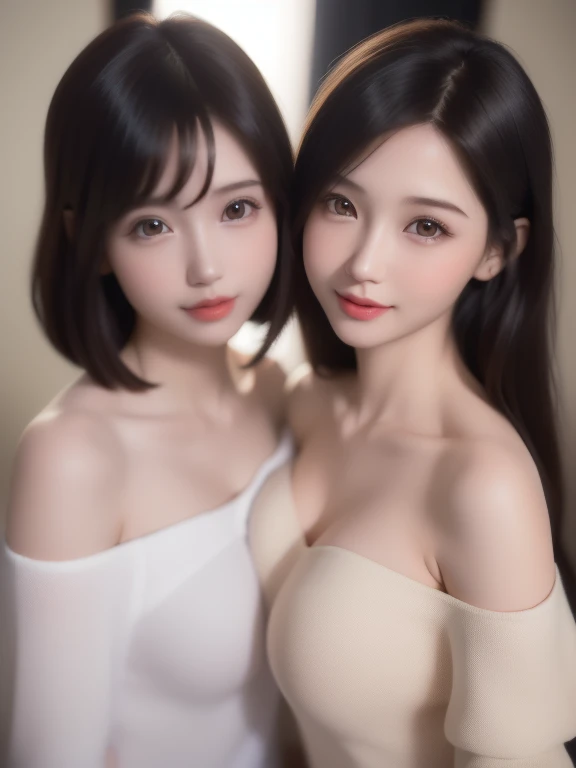 ((Two Girls:1.3)), (Ultra Realistic, High resolution), (Highly detailed eyes, Highly detailed hair, Highly detailed face, Highly detailed plump lips), (off shoulder with open chest), chest, Upper Body, Search for Smile, (Highest quality:1.4), RAW Photos, (Realistic, photo-Realistic:1.37), Professional photography, Cinematic Light, (Beautiful Face: 1.2), (View from above),