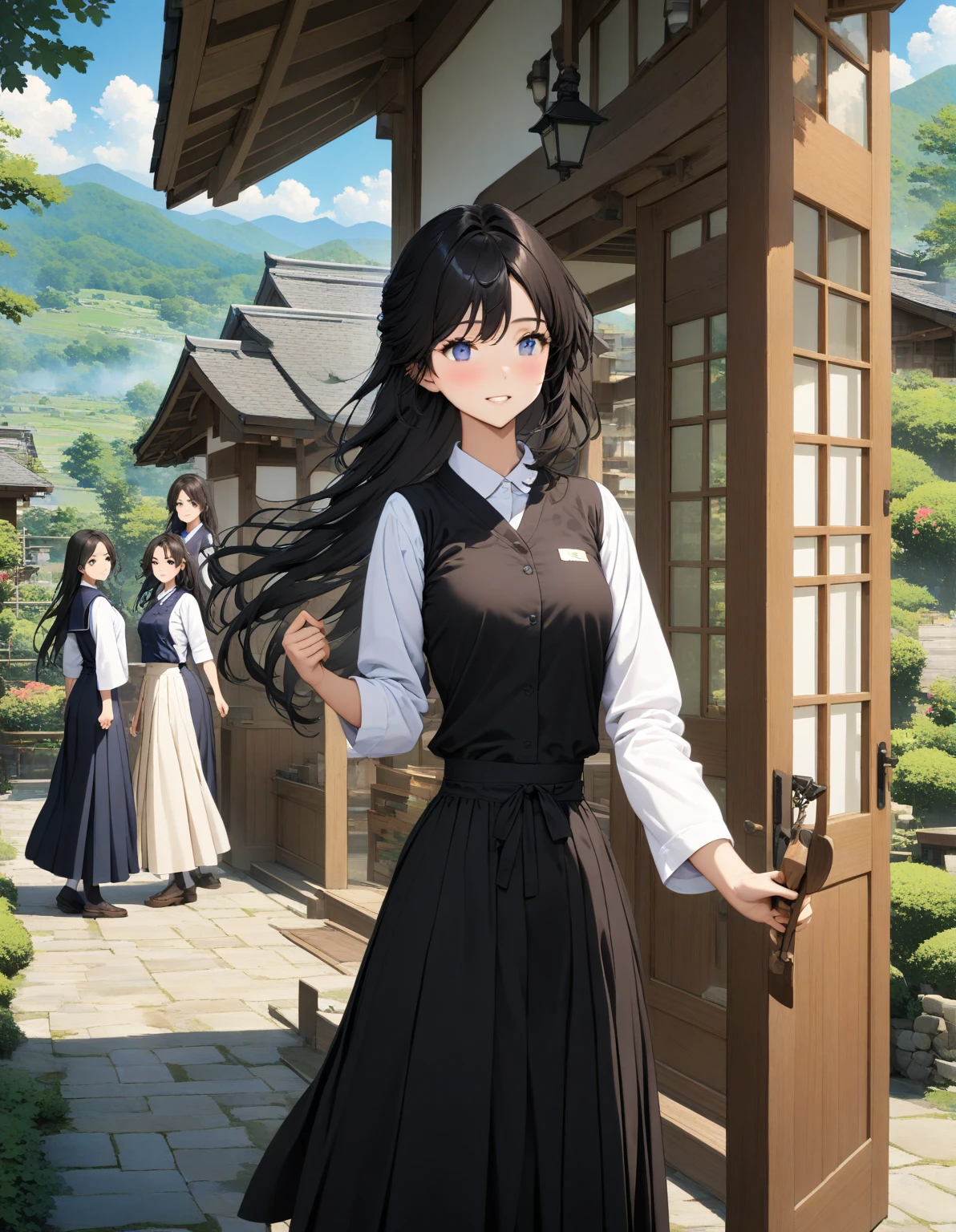 Top quality, masterpiece, ((highly detailed)), fine, (high resolution), 8k wallpaper, fine and beautiful eyes, ((fantastic)), (Hot spring inn background), daytime, three women (a+b+c, a=(girl with short black hair, monk's working clothes, 15 years old, small breasts, sweeping the entrance), b=(brown fluffy long hair, monk's working clothes, 30 years old, big breasts, sweeping the entrance), c=(black hair, Japanese hairstyle, hairpin, Japanese clothes, 50 years old, watching a+b from the window)), sweeping the garden, Japanese style garden,
