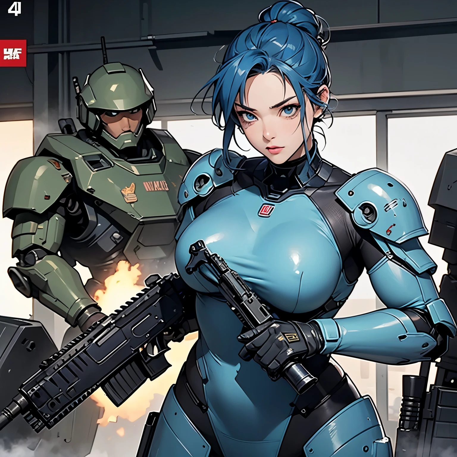 nsfw, anime screencap, 16K, perfect anatomy proportion body, perfect hands, action, A dynamic composition with a sense of speed and movement, (Hold an assault rifle:1.6), a wife, 40age, perfect beautiful delicate sexy face, erfect beautiful delicate drooping eyes, blue hair, hair bun, large breasts, Camouflage colored heavy armor robotic steam engine full armor powered suit, Many robot soldiers having a gunfight in the background, Flying bullets, Urban battlefields, war, cyber punk,