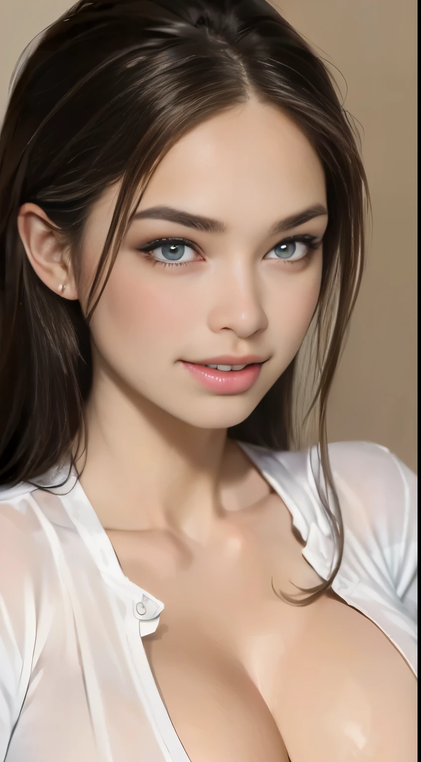 ((best quality, 8k, whole body, masterpiece :1.3)), sharp focus :1.2, pretty girl with perfect body :1.4, slim abs :1.2, ((dark brown hair, chest E cup :1.4)), (wearing a white button up shirt, Not good, girl name :1.1), city street:1.2, very detailed 얼굴과 피부 질감, detailed eyes, double eyelid, White skin, improved alcohol, (surrealism), (very detailed), smile, natural breasts, soft areola, topless, Fluffy areola, puffy nipples, detailed areola, detailed nipples, brightly colored areola, brightly colored nipples