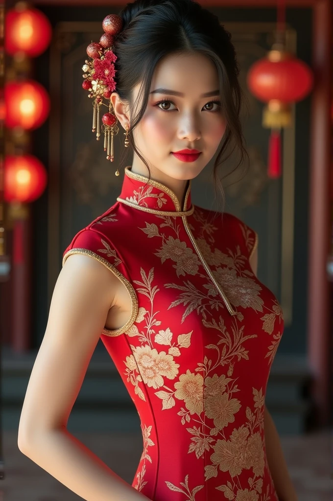 Chinese woman wearing cheongsam,Perfect body,(full-body shot:1) Realistic images