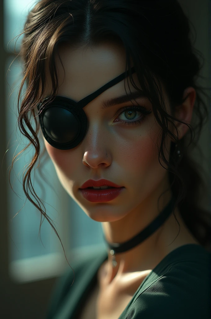 A woman with an eye patch, beautiful detailed eyes, beautiful detailed lips, extremely detailed face, longeyelashes, elegant expression, thoughtful pose, cinematic lighting, dramatic shadows, surreal atmosphere, fantasy art, muted color palette, digital painting
