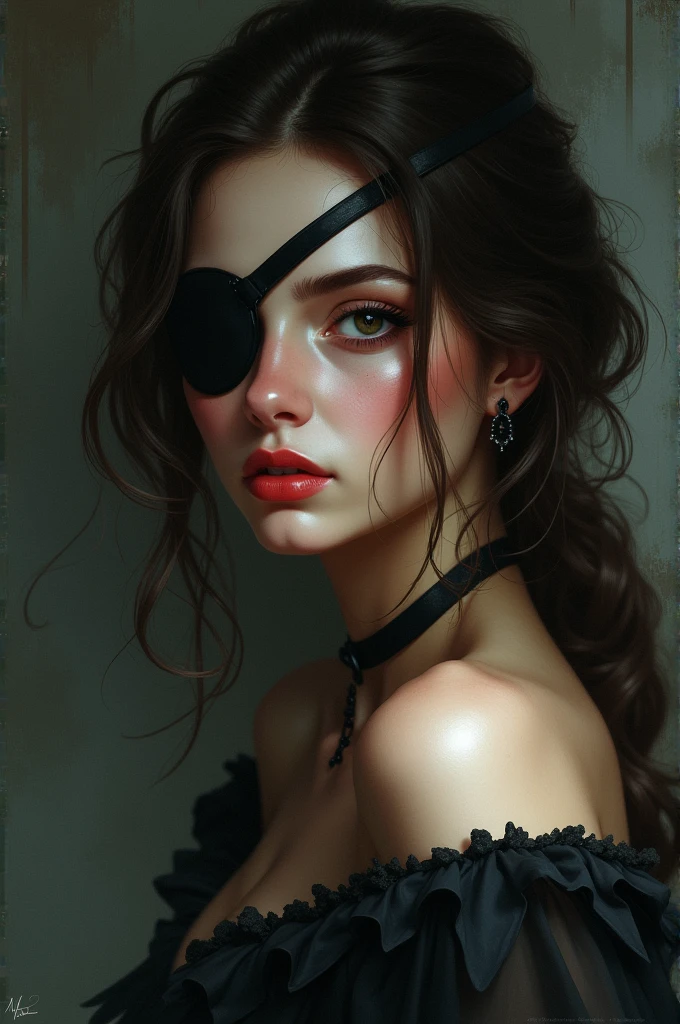 A woman with an eye patch, beautiful detailed eyes, beautiful detailed lips, extremely detailed face, longeyelashes, elegant expression, thoughtful pose, cinematic lighting, dramatic shadows, surreal atmosphere, fantasy art, muted color palette, digital painting