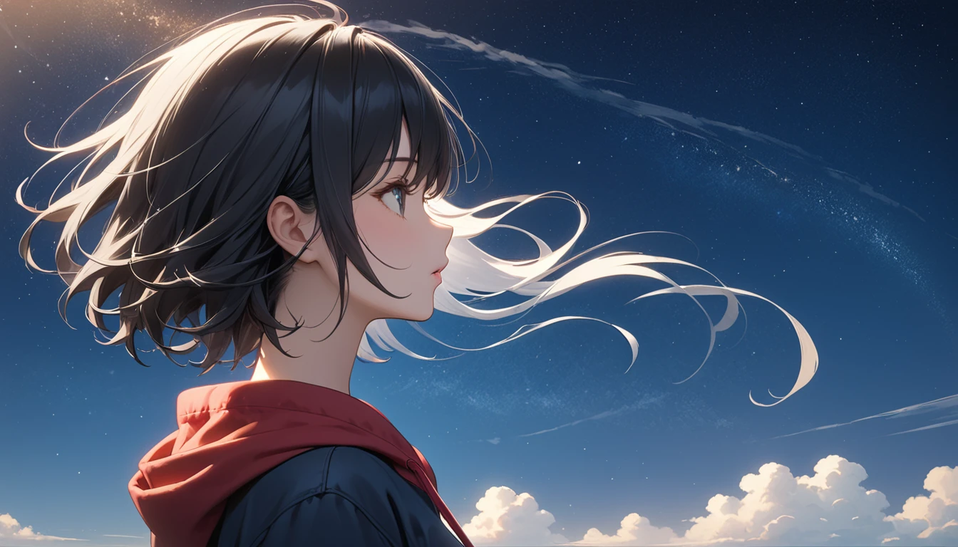 Starry Sky、One woman、Black Hair、Short Hair、Hair blowing in the wind、profile、Wearing a hoodie、Back view、Full body portrait