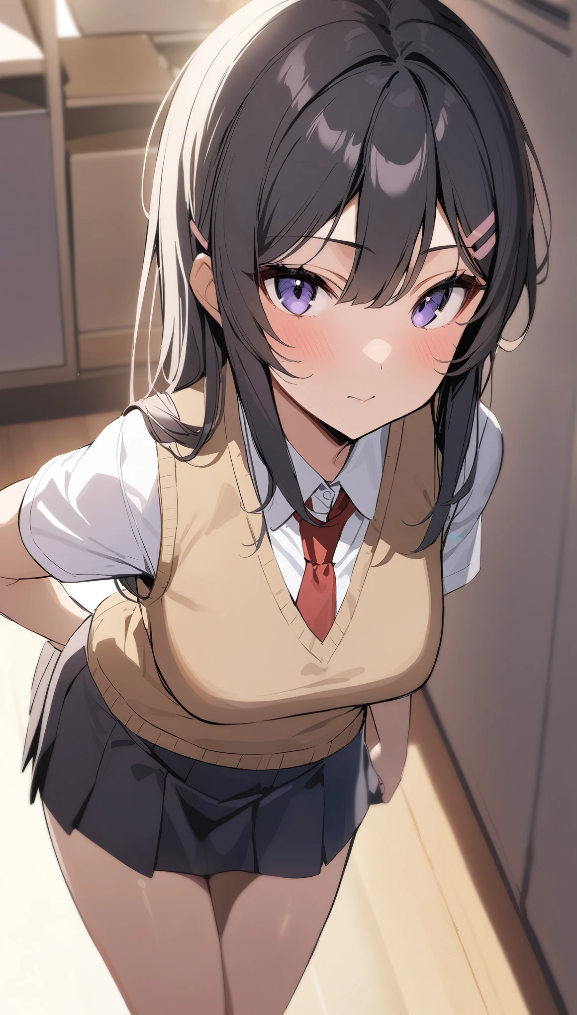 masterpiece, best qualityï¼ ï¼1girl, solo, long_hair, necktie, hair_ornament, red_necktie, looking_at_viewer, hairclip, shirt, black_hair, full_body, school_uniform, white_shirt, short_sleeves, sweater_vest, rabbit_hair_ornament, purple_eyes, collared_shirt, blue_eyes, closed_mouth, bangs