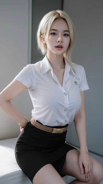 Pretty thai woman blonde hair , (8k, best quality, masterpiece, ultra highres:1.2) Photo of Pretty thai woman beautiful, beautiful enchanting fashion contemporary painting with , (1girl), (white shirt short sleeves), ((black pencil skirt)), belt, ((hand down)), blonde hair , short hair, , realistic skin texture, looks up, (nudity), round chin, 85 mm art lens, f 1. 2, sharp focus, 8 k high definition, insanely detailed, intricate, elegant, large breasts,big breasts , black skirt