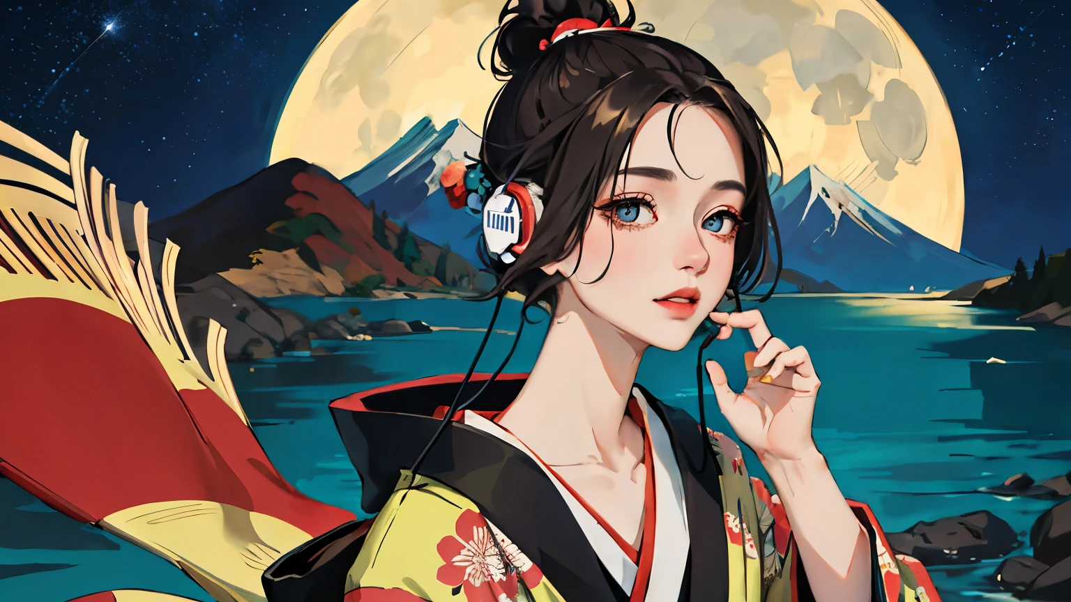 (Highest quality, 8k, masterpiece, High resolution), (whole body), Vibrant colors, (headphones, wearing headphones), Brown-black bob, Traditional topknot, Ample breasts, (Highly detailed face and eyes, Beautiful Face, Beautiful Eyes, Beautiful nose, Pretty lips), Official Art, Ukiyo-e style, (Beautiful woman in kimono), (Vivid floral patterned kimono), background, river, bridge, Mountain, wood, Starry Sky, moon, Detailed CG,