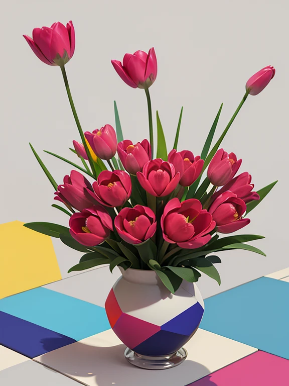 Angular geometric shapes, Random modern geometric pattern background, Tulips close-up, sketch, Modern Art, Vibrant colors, Colorful flowers, vase