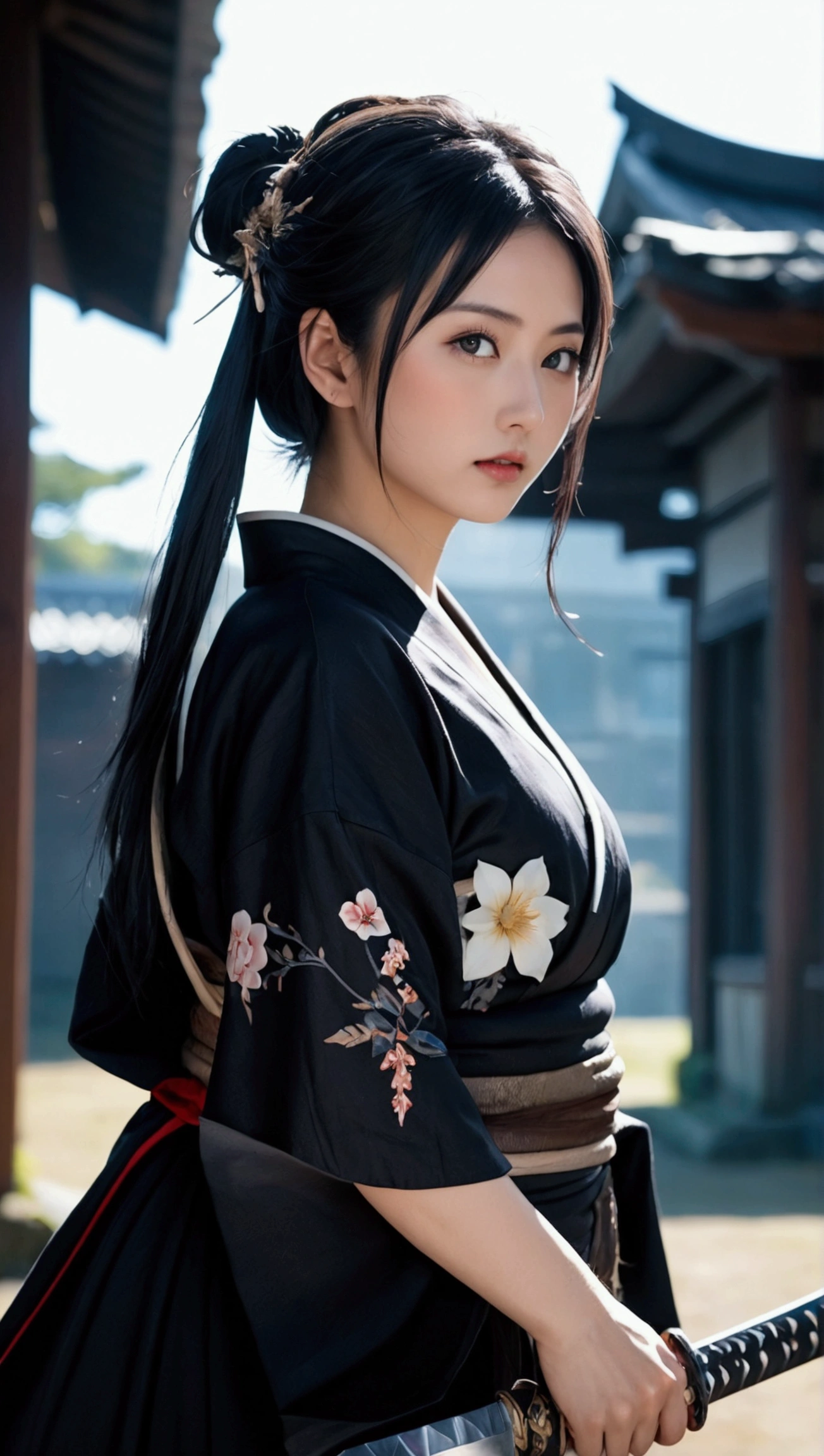 (Japanese sword &reference;Muramasa 2&reference;.2)Beautiful 27 year old woman、Japanese women、Tie your hair back、Hair ornament artist、Warrior、Clear Eyes、{Arm tattoo(SakuraFubuki}’Warrior、(Japanese swordを両手で構える、1.3)(Japanese sword1.2)Intermediate position、whole body、A long-edged sword、Realistic battle scenes、敵Warriorの返りBlood、Blood、High resolution、Highest quality、Very detailed、8k、background、The castle is burning、Sparks fly、