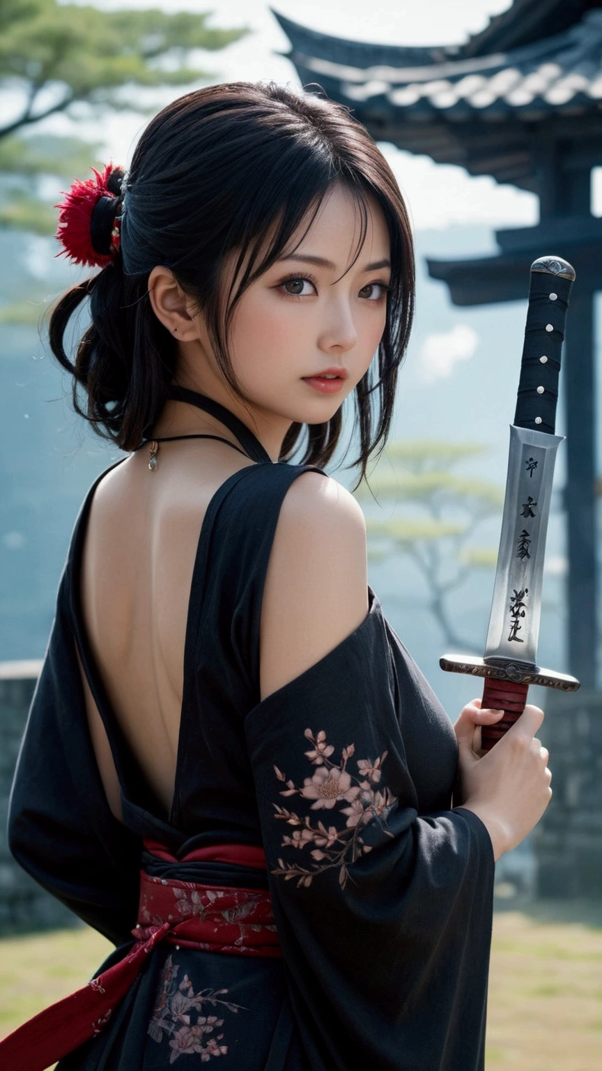 (Japanese sword &reference;Muramasa 2&reference;.2)Beautiful 27 year old woman、Japanese women、Tie your hair back、Hair ornament artist、Warrior、Clear Eyes、{Arm tattoo(SakuraFubuki}’Warrior、(Japanese swordを両手で構える、1.3)(Japanese sword1.2)Intermediate position、whole body、A long-edged sword、Realistic battle scenes、敵Warriorの返りBlood、Blood、High resolution、Highest quality、Very detailed、8k、background、The castle is burning、Sparks fly、