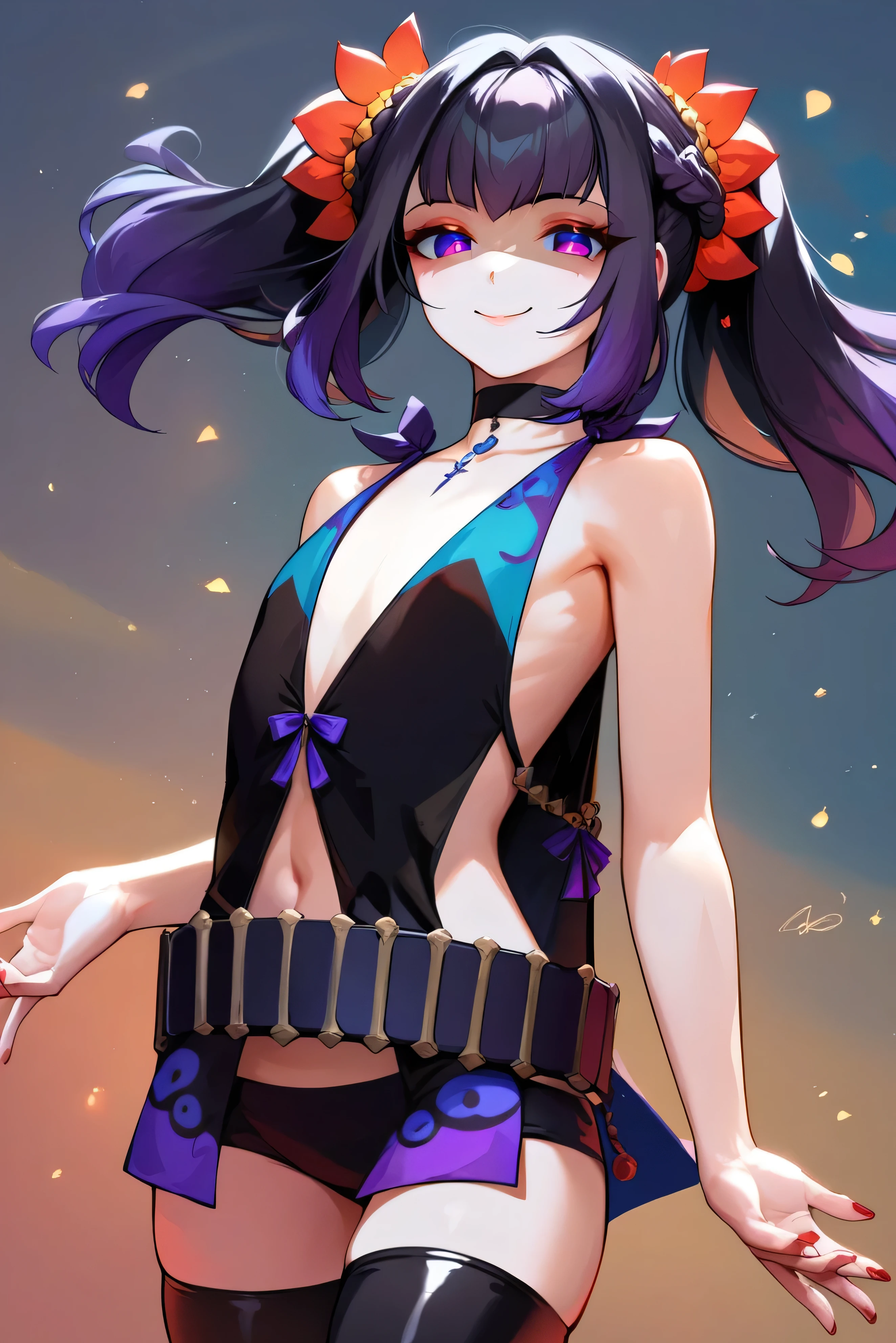 score_9, score_8_up, score_7_up, very aesthetic, source_anime, detailed, high quality, beautiful, masterpiece, detailed eyes,
cowboy shot, upper body, emotionless, looking down at viewer
from behind,
flat chest,
symonne, pale white skin, black hair, two-tone hair, purple hair, multicolored hair, gradient hair, french braid, purple eyes, twintails, hair ornament, red nails, half-closed eyes, haded face (eyes in shadow)
(sideless outfit), revealing clothes, belt, black thigh highs, choker,, zPDXL,two hands,five fingers,sadistic smile,deep shaded face,singlebraid,smile worst,worst ridecule,evil moukery,latex thighhigh socs,