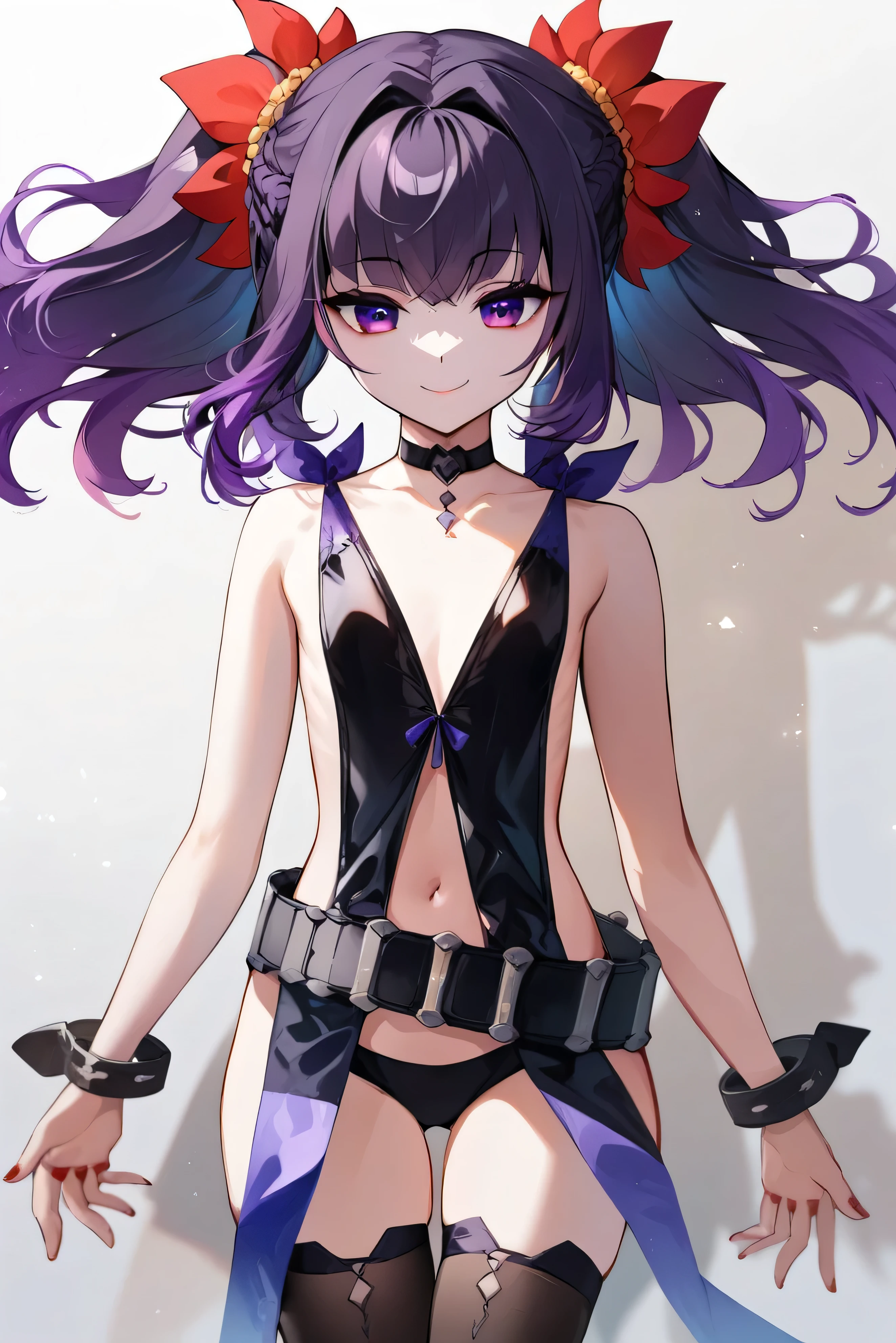 score_9, score_8_up, score_7_up, very aesthetic, source_anime, detailed, high quality, beautiful, masterpiece, detailed eyes,

cowboy shot, upper body, emotionless, looking down at viewer
from behind, 
flat chest,
symonne, pale white skin, black hair, two-tone hair, purple hair, multicolored hair, gradient hair, french braid, purple eyes, twintails, hair ornament, red nails, half-closed eyes, haded face (eyes in shadow)
(sideless outfit), revealing clothes, belt, black thigh highs, choker,, zPDXL,two hands,five fingers,sadistic smile,deep shaded face,singlebraid,smile worst,worst ridecule,evil moukery,latex thighhigh socs,