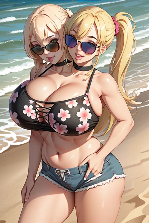 2heads, a tall skinny woman with 2 heads. She is outside at the beach. She is naked, nude. She has long messy blonde hair, soaking wet hair, long wet hair. Deep cleavage. She looks young. She is blushing. Wearing sunglasses. Sucking a Popsicle. She looks seductive and lustful. She has gigantic breasts. She is tall, skinny. Young gorgeous face. Happy, smiling. Seductive pose, slutty pose. Tan lines.