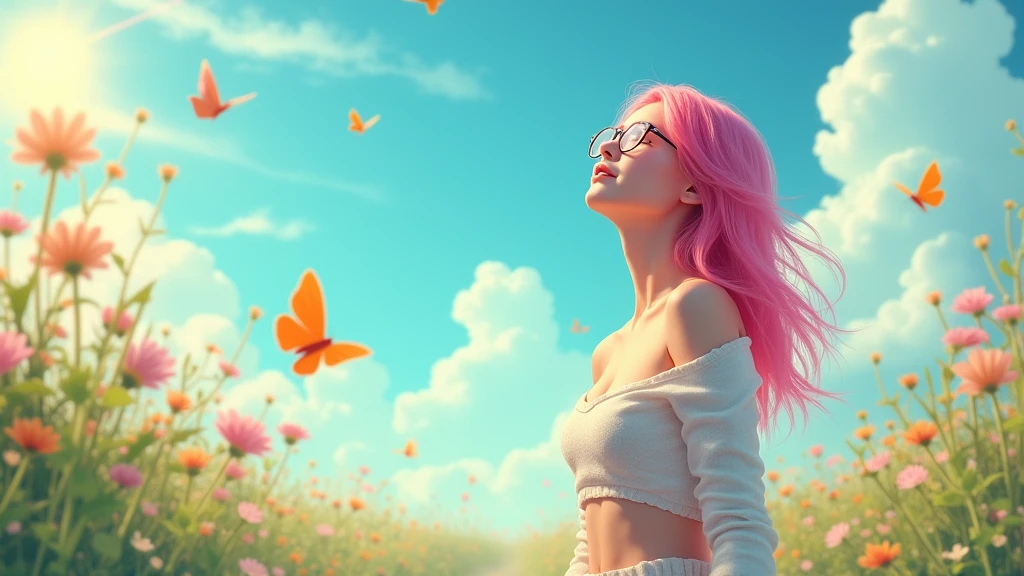Surrounded by natural beauty, The warm sun shines on her、Wildflowers swaying gently in the breeze. Butterflies and birds flutter around her, Creates a playful atmosphere,shuimobysim,masterpiece,(((Profile of a person looking up at the vast sky from below))), (((White knit)))、Ultra HD、Ultra-detailed、Ultra-realistic hair、Fine hair、1people、Beautiful woman、((Glasses))、A smile showing a few teeth、Bright pink hair、(((NSFW))),(((mini skirt))),(((sexy)))、(((Cleavage)))、