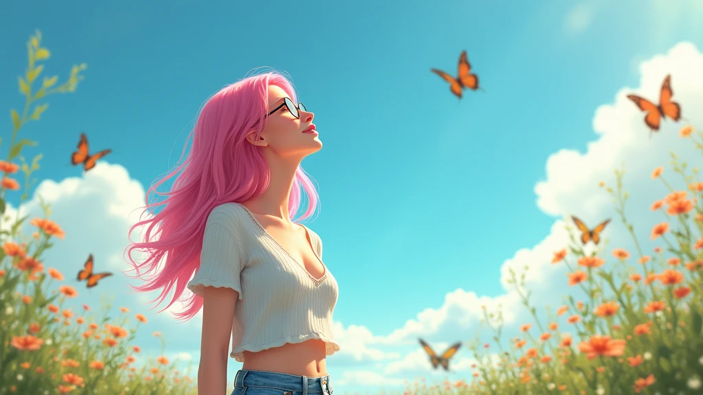 Surrounded by natural beauty, The warm sun shines on her、Wildflowers swaying gently in the breeze. Butterflies and birds flutter around her, Creates a playful atmosphere,shuimobysim,masterpiece,(((Profile of a person looking up at the vast sky from below))), (((White knit)))、Ultra HD、Ultra-detailed、Ultra-realistic hair、Fine hair、1people、Beautiful woman、((Glasses))、A smile showing a few teeth、Bright pink hair、(((NSFW))),(((mini skirt))),(((sexy)))、(((Cleavage)))、