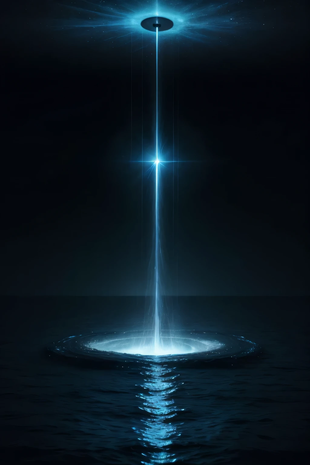 A dark and formless vastness, with a bright light emerging in the center, bathing everything around. Divine spirit hovering over calm, dark waters. Ethereal and mysterious scene, with shades of blue and black, illuminated by a radiant light.