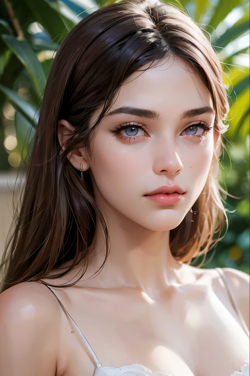 Beautiful girl, brown_An 18-year-old girl with beautiful eyes and slim figure., hair color [Brown highlights hair], [pixie undercut] hair)), earring, Lips, realistic, small waist, attractive, pink Lipstick, colorful makeup, long eyelashes, earring, use eyeliner, clean skin, (Mignon), (detailed face), detailed eyes, detailed iris, Pajamas, beautiful body, Beach, athlete, prominent abdomen&#39, ((Clothing with less fabric))，
