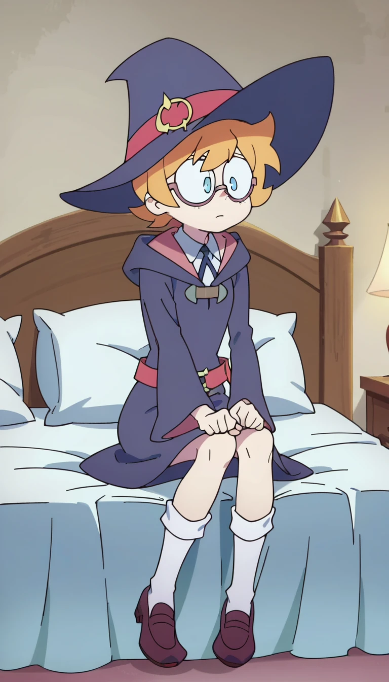 score_8_up, score_7_up, anime screencap, perfection, Lotte Jansson, 1 girl, solo, full body, sitting on bed, witch academia uniform, witch hat, glasses, white socks,