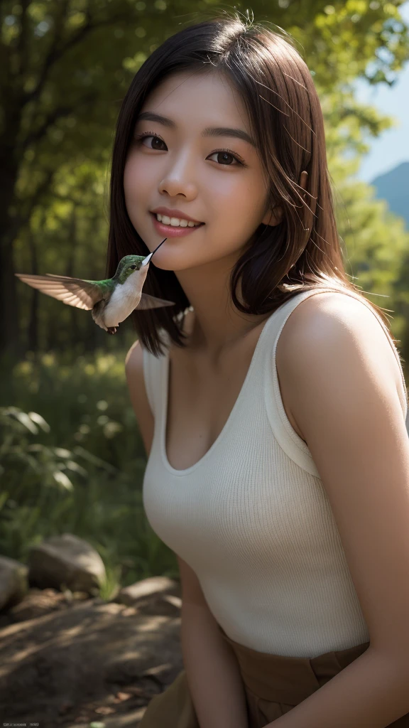 A beautiful young Asian woman with a hummingbird kissing her on the cheek ((Upper Body selfie, Happy)), masterpiece, Highest quality, Very detailed, ground, Outdoor, (night), Mountain々, nature, (performer, moon) Hilarious, Happy, forest, stone, river, wood, cigarette, Shadow, Contrast, sunny, style, (Warm Tones, Warm Tones): 1.2), close, Cinematic Light, Side lighting, Ultra-high resolution, 最高のShadow, born, Upper Body, realistic style