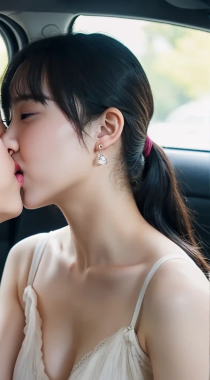 In the car、Sit in the passenger seat、View from the driver's seat、、ponytail、One Woman、Beige bra top、(Kiss the viewer:1.7)、(the chest is covered ,)、(masterpiece、Highest quality)、Clear images、cute、Soaking wet、((20-year-old woman:1.ung and adorable Japanese face、Fresh Skin、8k、(Protruding nipples)、Sweaty、Beautiful skin quality、Beautiful belly button、Beautiful breasts、necklace、Earrings、Soft Breasts、Troubled face、(Hold your head high)、(Kissing expression)、being touched on the cheek、being touched in the face、Lick my face、Licking my lips、Ears licked、Having your ears touched、Being touched on the shoulder、Shoulder licking、