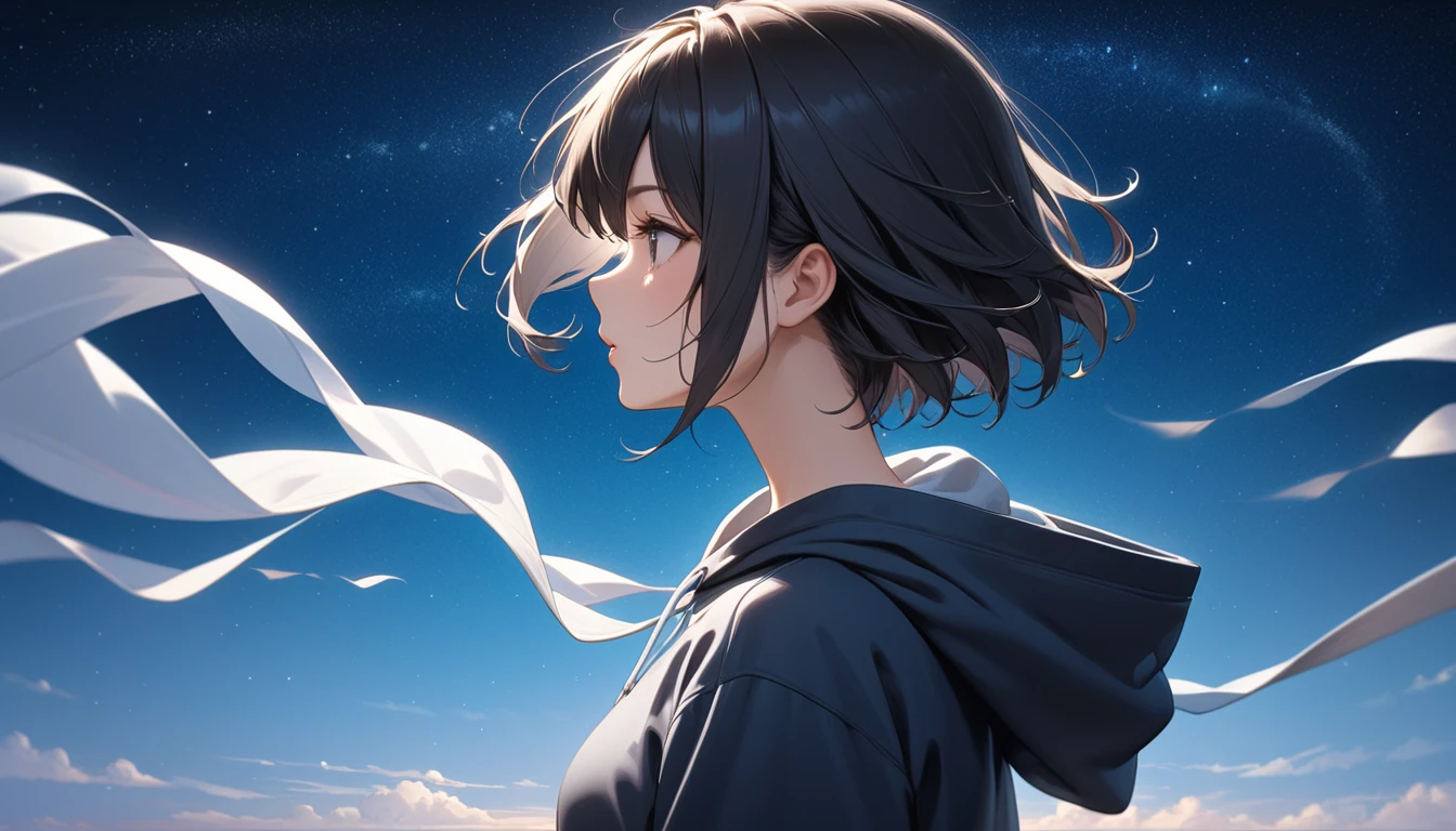 Starry Sky、One woman、Black Hair、Short Hair、Hair blowing in the wind、profile、Wearing a hoodie、Back view、Full body portrait