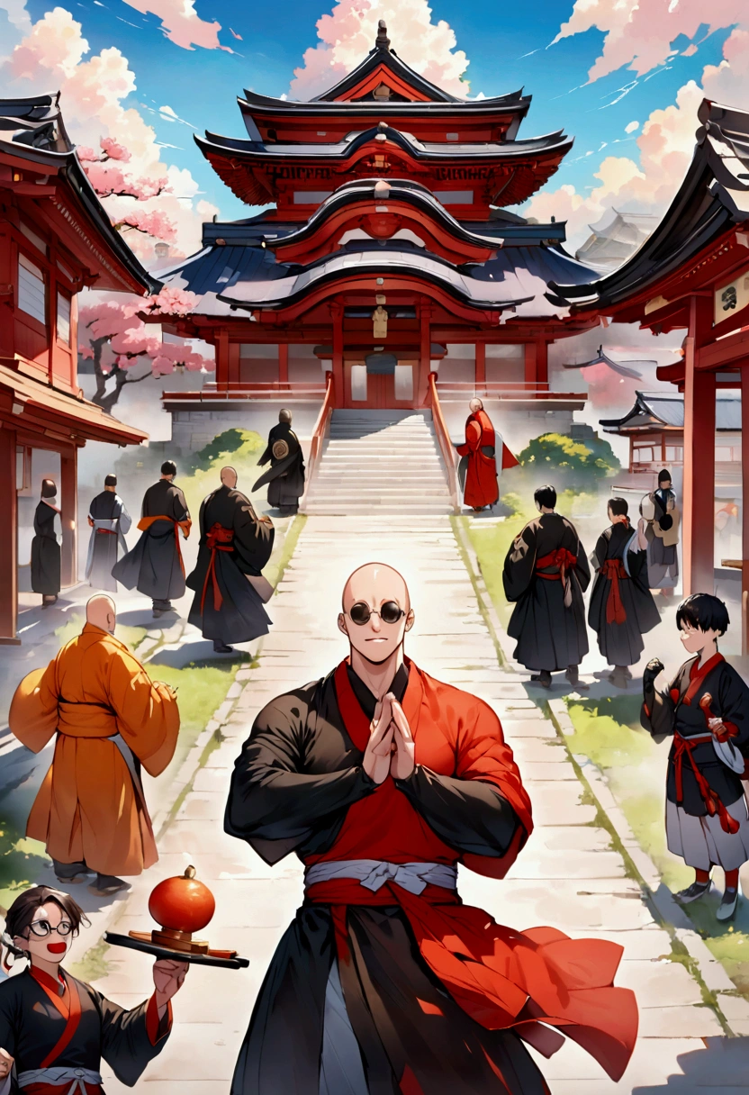 Japanese monk、small、Round sunglasses、Equip a ritual item、Hero of Justice、One Punch Man、exorcist、Japanese Temples、strongest